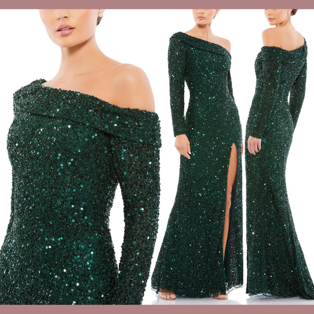 NWT $498 Mac Duggal [ 4 ] 5449 Sequined One Shoulder Gown Emerald‎ Green